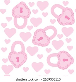 Pink decorative lock in the shape of a heart. Seamless
  pattern. Pattern for romantic design. Vector illustration isolated on white background.