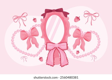 A pink decorative mirror with bows and pearls, surrounded by strawberries and ribbons.
