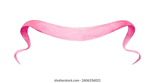 Pink decorative ribbon banner with curved edges isolated on white background. Hand drawn watercolor vector illustration. Design for greeting card, invitation, poster, banner, decoration