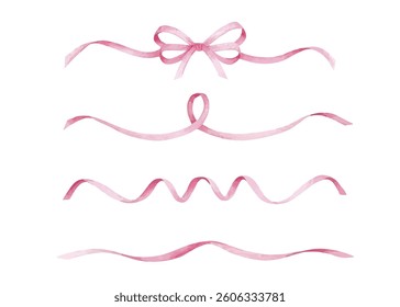 Pink decorative ribbons in different shapes and styles isolated on white background. Watercolor vector illustration. Design for greeting card, invitation, poster, banner, decoration.
