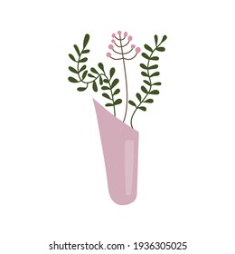 Jarrón decorativo rosa. Ilustración dibujada a mano por vectores. Un brillante jarrón floral con un brunch de ramas y hojas. Imprimible para decoración casera.