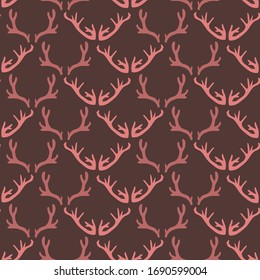 Pink deer antler seamless pattern. Ditzy girly coral red flat color background. Hand drawn forest animal horn doodle style. For woodland textile, rustic nature all over print. Simple drawn swatch