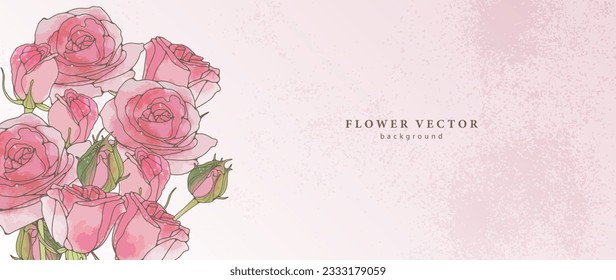 Pink delicate floral card with watercolor roses. Background for text, photos, diplomas, postcards and business cards. Pink bouquet of flowers.