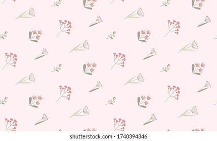 Patrón floral delicado rosa con flores silvestres, flores estilizadas, pasto para textiles y diseño. ilustración vectorial plana