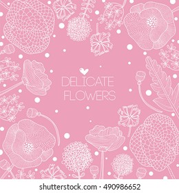 Pink delicate flowers. Cute vector postcard.