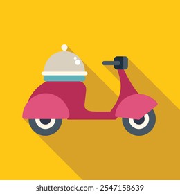 Pink delivery scooter carrying a food tray with a cover on a yellow background, long shadow design