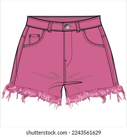 PINK DENIM SHORTS WITH RAWE HEMLINE FOR WOMEN AND TEEN GIRLS IN EDITABLE VECTOR