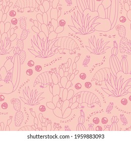 Pink desert monochrome vector seamless pattern with animals, florals and cacti. Perfect for fabric, wallpaper or any kind of creative projects. 