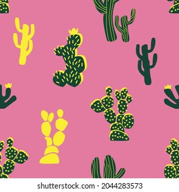 Pink Desert seamless pattern. Lovely cacti and on pink background. Cactus pattern. Hipster background 