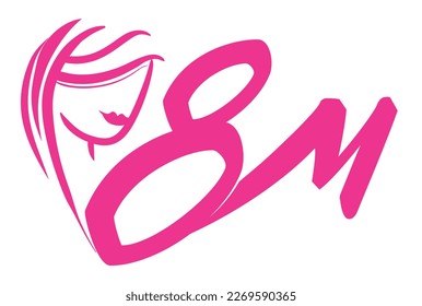 Pink design commemorating Women's Day with a woman's face joined to 8M, to celebrate it this 8th March.