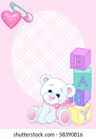 Diseño rosa con Oso Teddy y palabra "bebé" escrita por bloques. Tarjeta de llegada