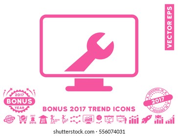 Pink Desktop Options pictograph with bonus 2017 trend icon set. Vector illustration style is flat iconic symbols, white background.