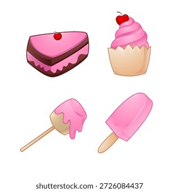 Conjunto de iconos de postre rosa con rebanada de pastel, pastel, Pop de pastel y paleta en estilo lindo de dibujos animados