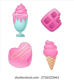 Pink dessert icon set with waffle, sundae, candy, and ice cream