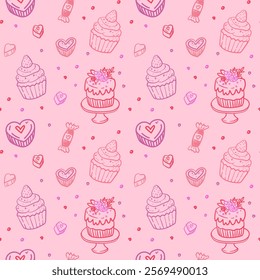 Pink Dessert Pattern with Cakes and Hearts