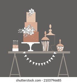Pink dessert table with cake.   Wedding candy bar.  Vector illustration.