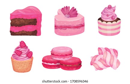 Pink Desserts with Candy on Stick and Layered Cakes Vector Set