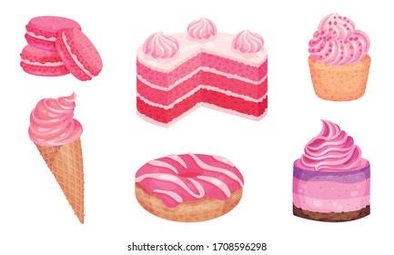 Pink Desserts with Ice Cream and Cupcake with Whipped Cream Vector Set