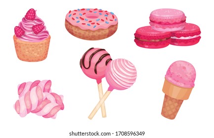 Pink Desserts with Lollipops and Cupcake with Raspberry Vector Set