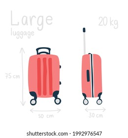 Pink detailed rolling suitcase, large suitcase for luggage. Trolley case, flight bag on wheels for business trip, summer vacation, travel. Front, side view. Suitcase L size. Vector set.