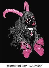 Pink Devil  - Vector Tattoo sketch with pink elements -  Pretty demon girl   with long hair  - white on black