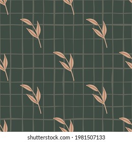 Pink diagonal scandi leaf branches silhouettes seamless pattern. Dark grey chequered background. Perfect for fabric design, textile print, wrapping, cover. Vector illustration.