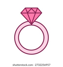 Pink Diamond Engagement Ring Icon in Flat Line Style, Romantic Jewelry Illustration for Wedding Branding, Proposal Design, Luxury Invitations, Stickers and Digital Marketing.