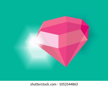 Pink diamond, gemstone vector Illustration on green background.
