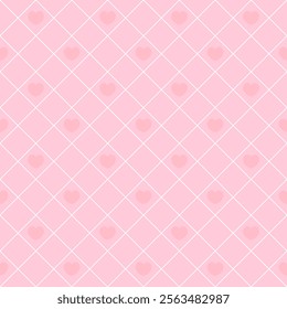 Pink diamond grid seamless pattern with hearts. Elegant and romantic design. Perfect Valentine’s day background for love-themed creative projects.