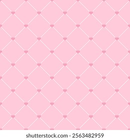 Pink diamond heart seamless pattern. Romantic grid design with delicate heart accents. Perfect Valentine’s day background for love-themed creative projects.