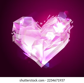 Pink diamond heart vector symbol, glass shards heart