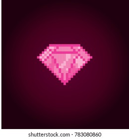 pink diamond, ruby icon. Pixel art. Old school computer graphic style. Games elements.