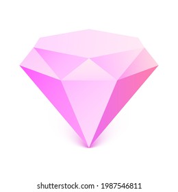 Pink diamond with shadow. Diamond stone isolated on white background. Gemstone and crystal, precious glass element. Template design for corporate business logo, jewelry store, mobile, web app. Vector
