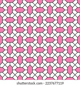 Pink diamond shape and diagonal line pattern on white background. Linked diagonal line and hexagon shape. Pink lattice pattern on white background.