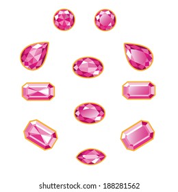 Pink diamonds, quartz, garnet, tourmaline, opal set different cut - round, drop, pear, oval, octagon and race. Brilliant three-dimensional jewelry on a white background. Isolated Objects
