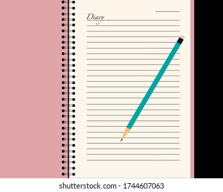 Pink diary book and green pencil