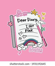 Pink diary design with decoration elements for fashion graphics, t shirt prints, posters, stickers etc