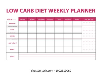 Pink Diet Weekly Planner Isolated On White Background. Food Menu Plan For Diet. Daily Schedule Template For Cooking Meals. Week Plan Low Carb Menu Notes.