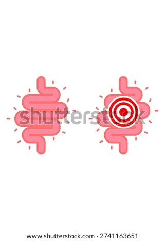 Pink digestive system symbols showing a healthy gut and an inflamed area with a red target to represent stomach ache, cramps, or medical issues.