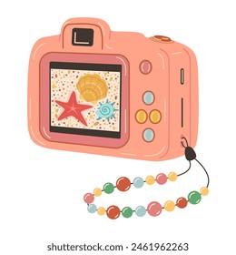 Pink Digital camera device with photo. Photography camera Hand drawn trendy flat style isolated on white. Digital camera. Rear view, back screen, shot of sea life. Vector illustration