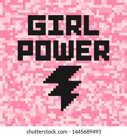 Pink digital camouflage poster with girl power quote. Feminist slogan. Abstract pixel background. 
