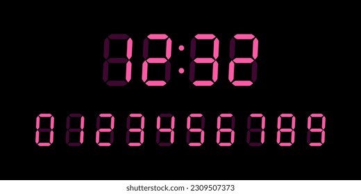 Pink digital glowing numbers for Lcd electronic devices screen isolated on black background. Clock, timer concept. Vector Illustration.