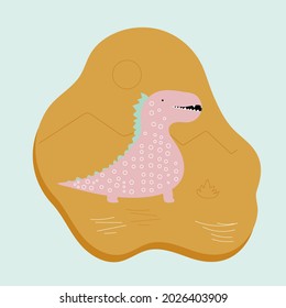 Pink dino with brown patterned stone slabs simple pastel color isolated on light green background vector illustration