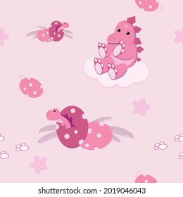 pink dino hatched from egg with another pink dinosaur sitting on the cloud fabric pattern