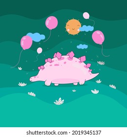 pink dino illustration walking in the grass field late at night Simple and cute with blue clouds and pink balloons - the moon is high. Nursery Art Print Children's Book Simple Style Isolated On Green 