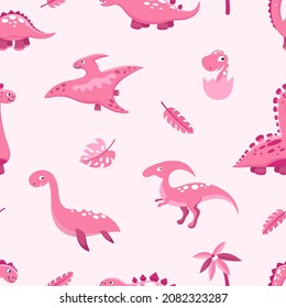 Pink dino pattern. Cute cartoon dinosaurs, leaves and palm. Pastel color girly seamless texture. Funny prehistoric characters vector print