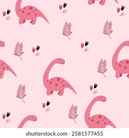 Pink Dino seamless pattern background. Cute Dinosaurs illustration pattern. Cartoon Dinosaurs background. Perfect for fashion clothes, shirt, fabrics, textiles, wallpaper, decor, print, packaging.