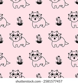 Pink Dino seamless pattern background. Cute Dinosaurs illustration pattern. Cartoon Dinosaurs background. Perfect for fashion clothes, shirt, fabrics, textiles, wallpaper, decor, print, packaging.