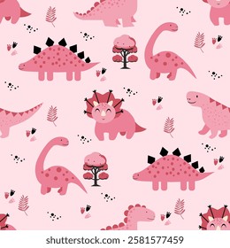 Pink Dino seamless pattern background. Cute Dinosaurs illustration pattern. Cartoon Dinosaurs background. Perfect for fashion clothes, shirt, fabrics, textiles, wallpaper, decor, print, packaging.