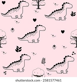 Pink Dino seamless pattern background. Cute Dinosaurs illustration pattern. Cartoon Dinosaurs background. Perfect for fashion clothes, shirt, fabrics, textiles, wallpaper, decor, print, packaging.